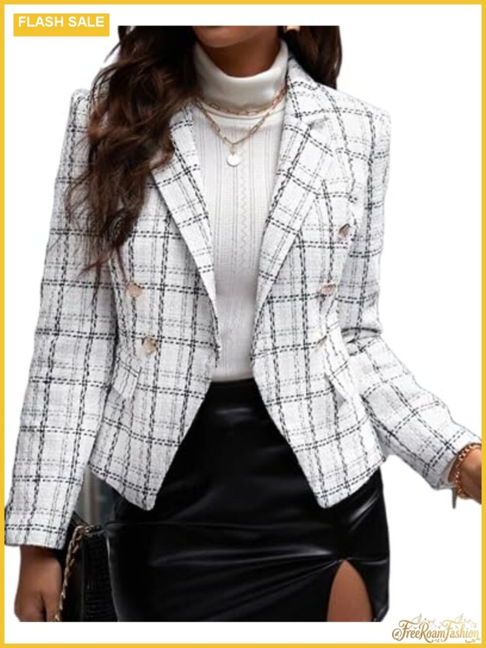 Plaid Tweed Blazer Double Breasted Slim Fit Business Casual